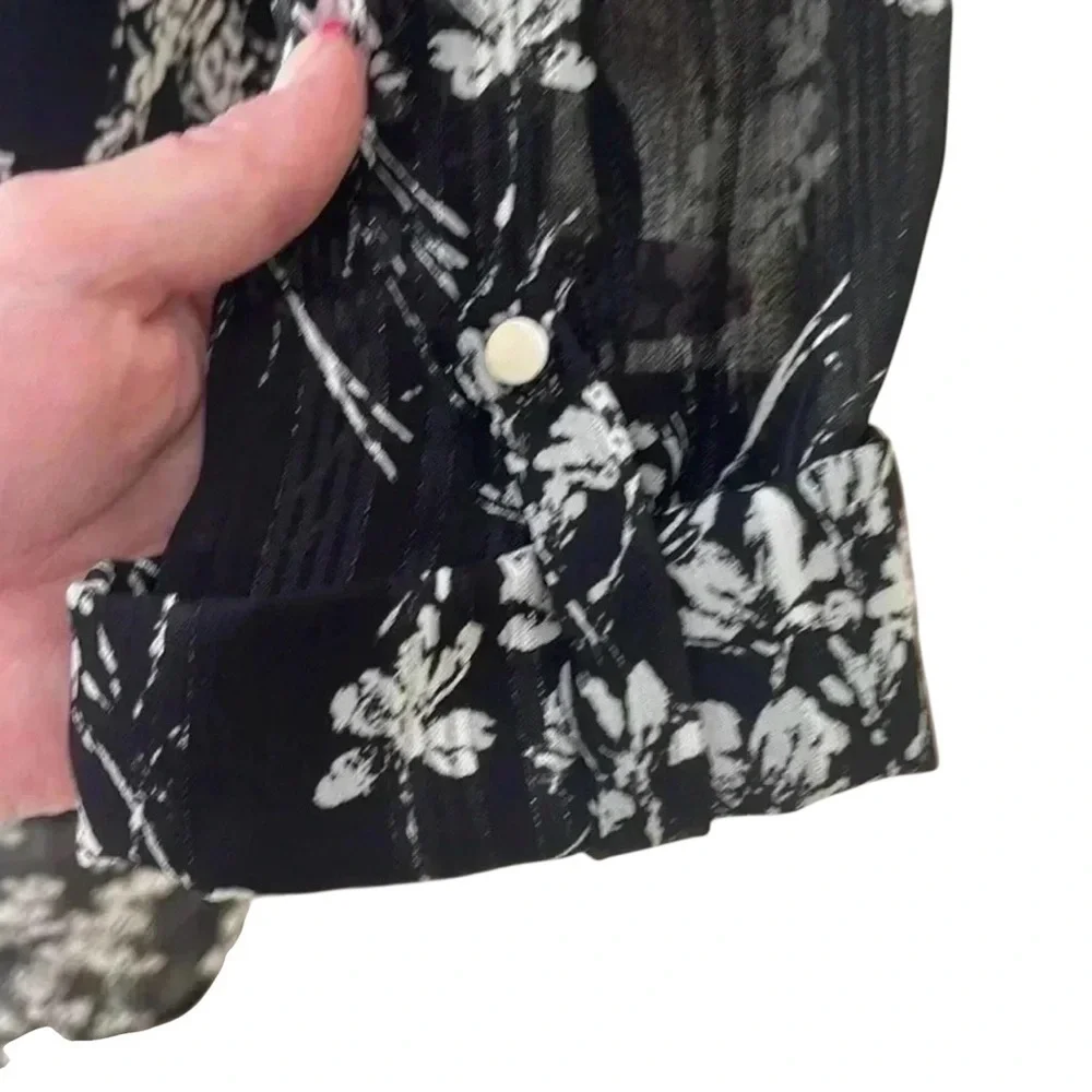 Black White Floral Sheer Blouse Tunic Top 3/4 Sleeve High Low Hem